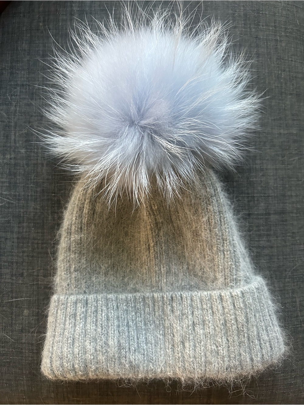 Linda Richards Gray Wool Beanie W/ Angora Pom Pom NWOT